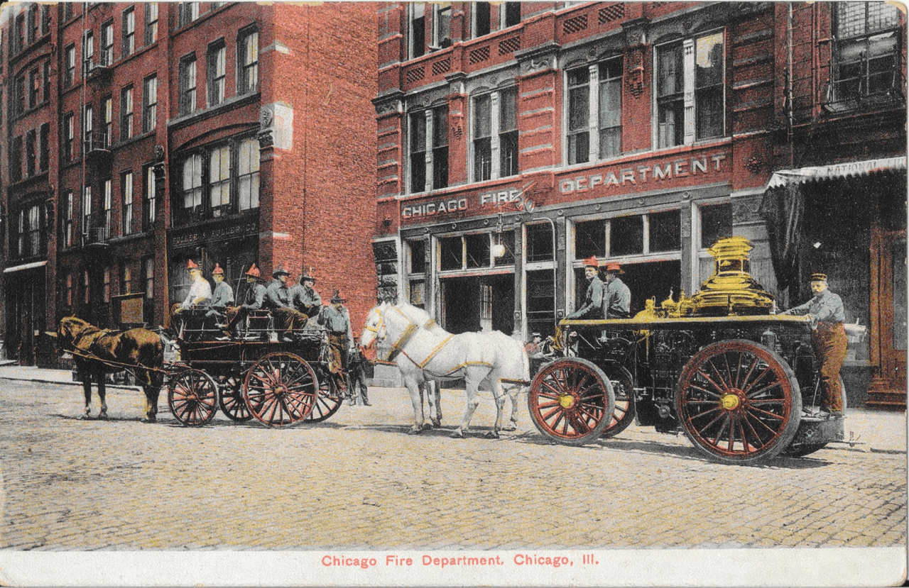 Colorized photograph of Chicago Fire Department from 1909 postcard