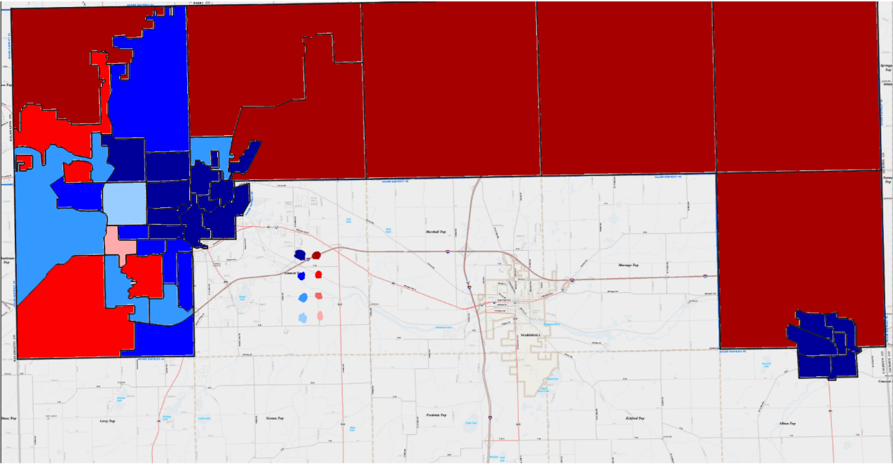 Shows the color-coded, mapped results from the 44th State House District of Michigan in the 2022 midterm election.