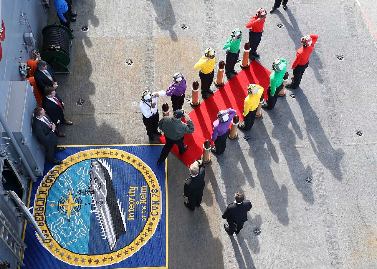 NEWPORT NEWS, Va. (March 2, 2017) – President Donald J. Trump passes through the ceremonial rainbow sideboys upon his…