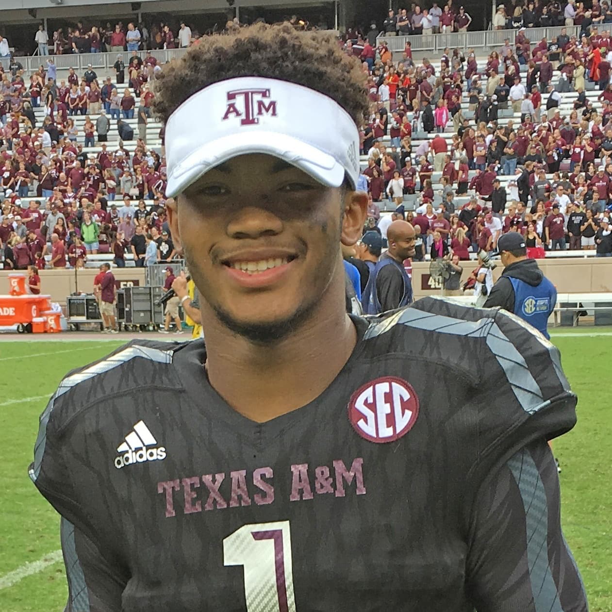 Kyler Murray immediately after winning his first football game as starting quarterback for the Texas A&M Aggies and…