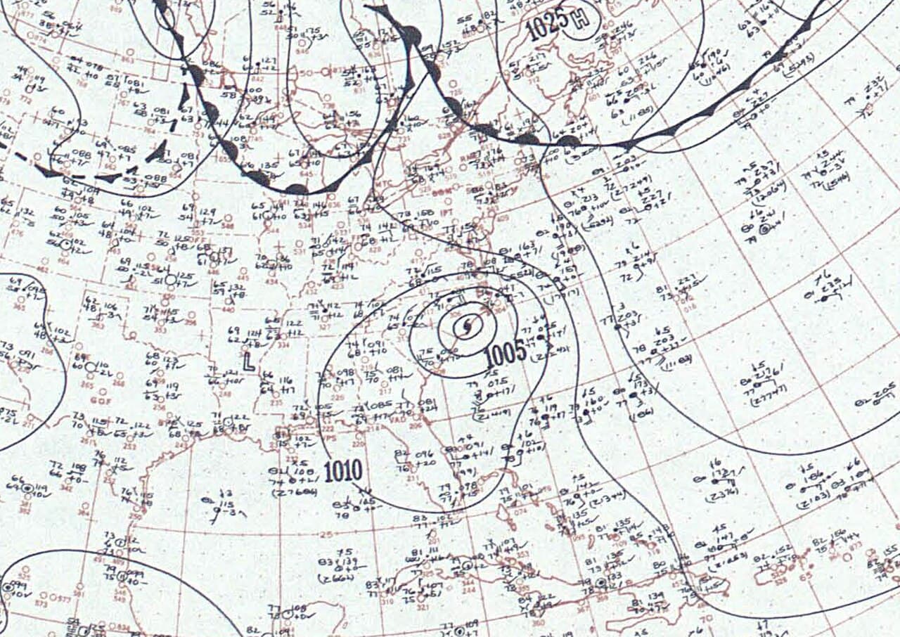 Weather map of Hurricane Diane making landfall in North Carolina on August 17, 1955.