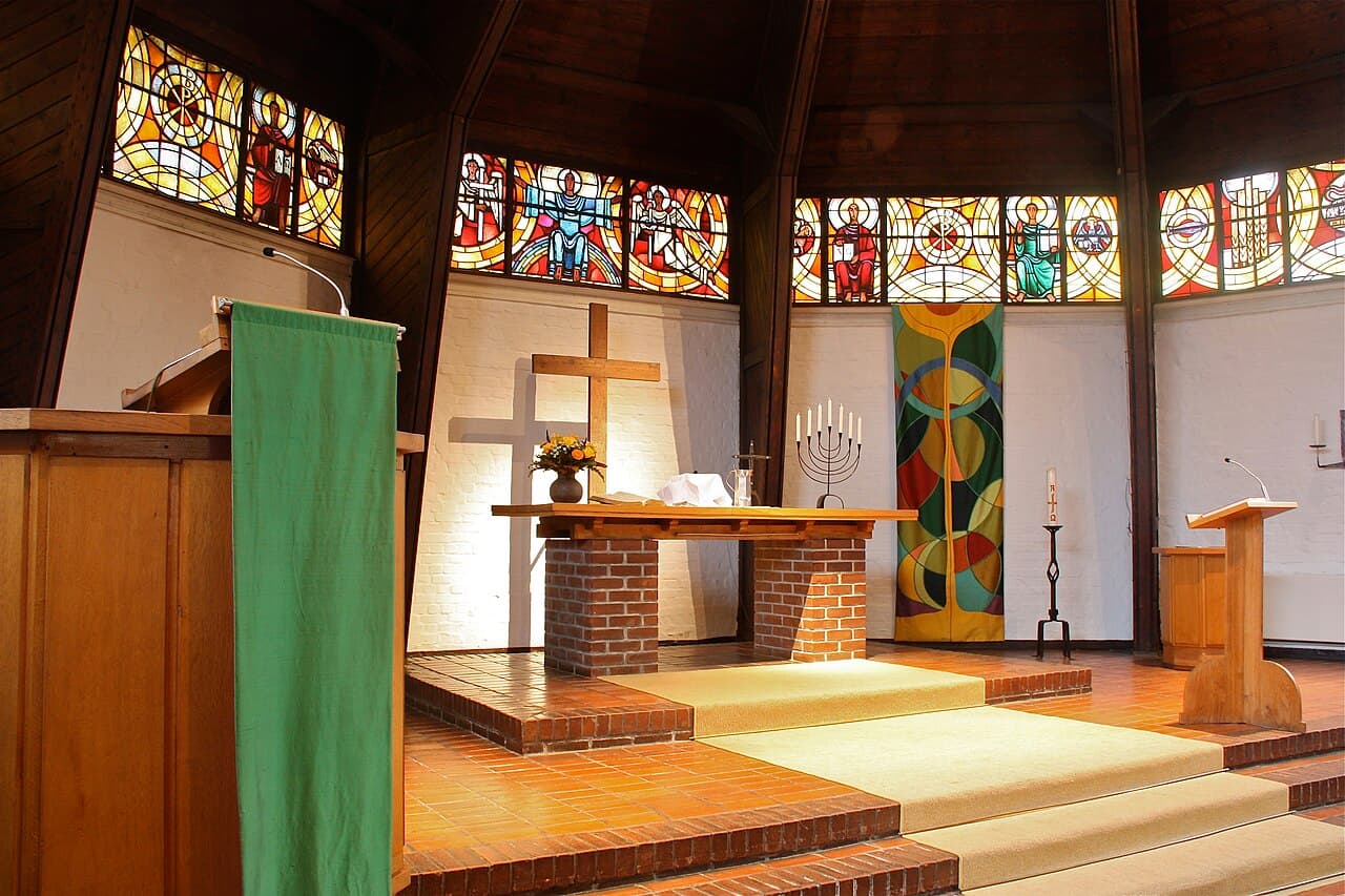 Altar and windows in the Adventchurch in Hamburg-Schnelsen, Germany