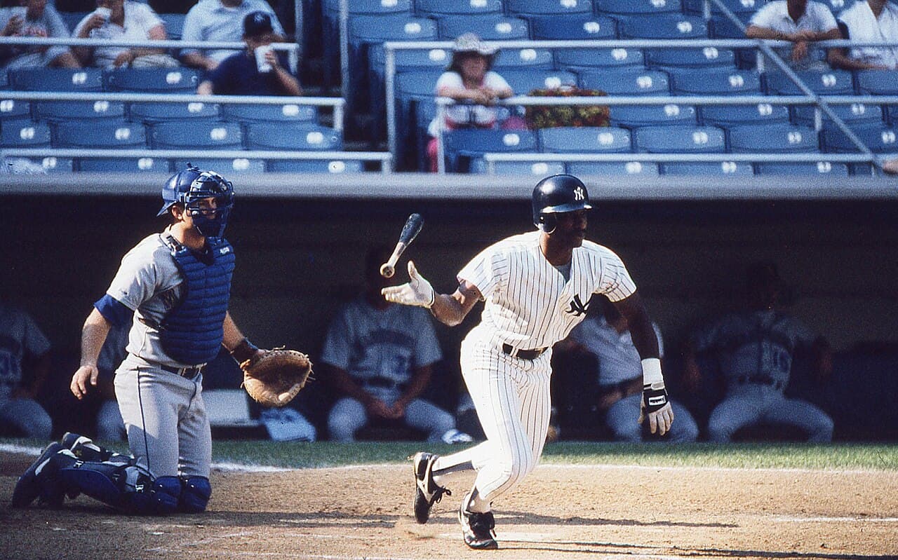 Claudell Washington playing for the New York Yankees in the first game of a doubleheader at Yankee Stadium against the…