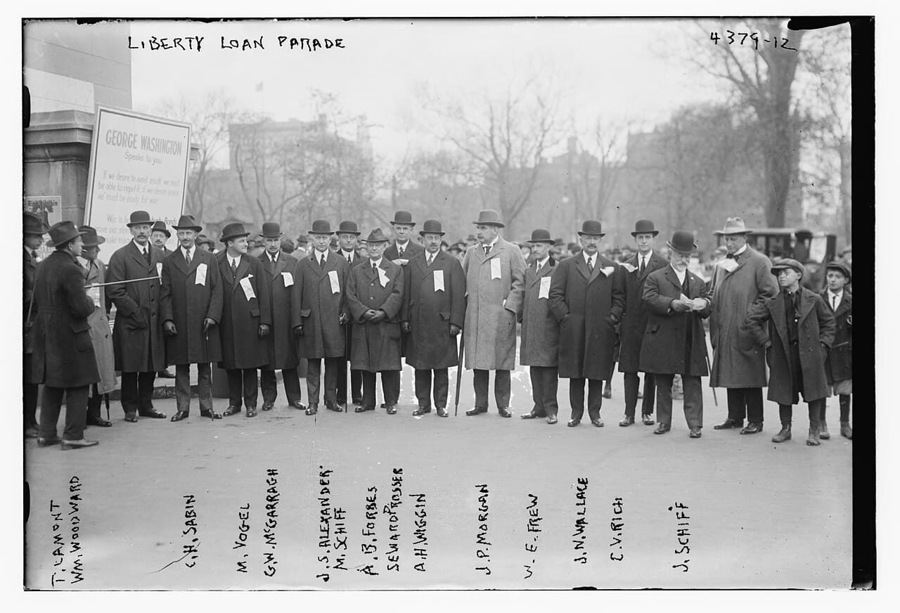 Liberty Loan parade. Photograph shows (left to right) Thomas William Lamont, Jr.; William Woodward, president Hanover…