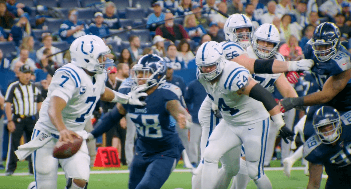 Jacoby Brissett 2019. Image from video Game-Changing INTs vs. Colts | Beneath the Surface , ~ 01:07.