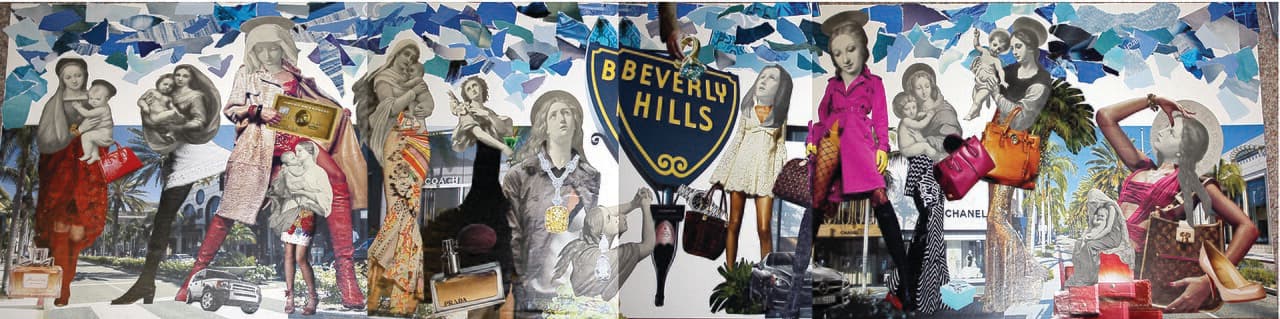 collage featuring antique images of the Virgin Mary and images from Vogue Magazine, overlaid on photographic images of…
