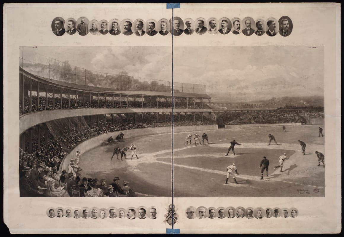 Collotype reproduction of original painting by Hy Sandham depicting the game in the Temple Cup Series between…