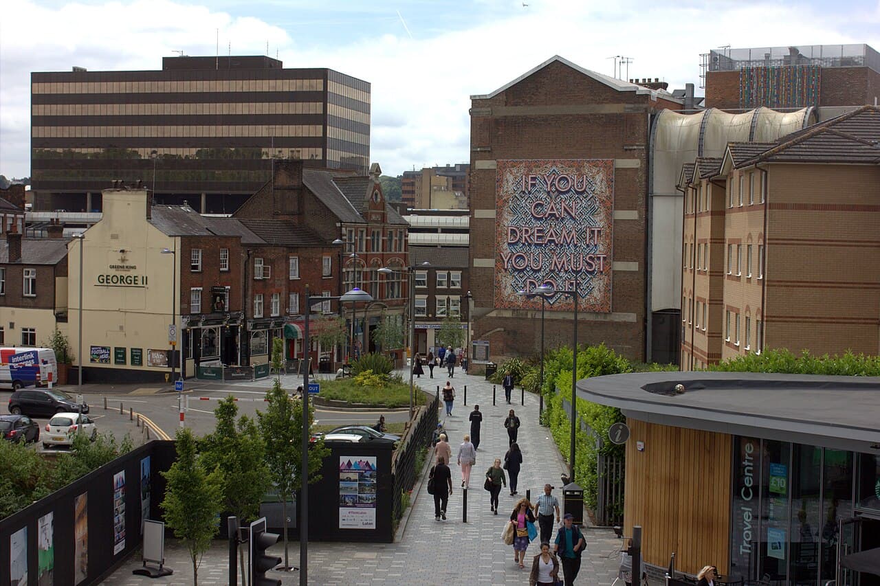 Luton town centre from the railway station exit.