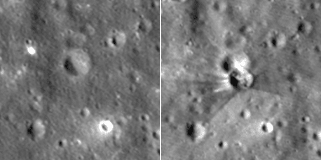A photograph taken by the NASA Lunar Reconnaissance Orbiter (LRO) showing a new crater on the Moon’s surface after a…