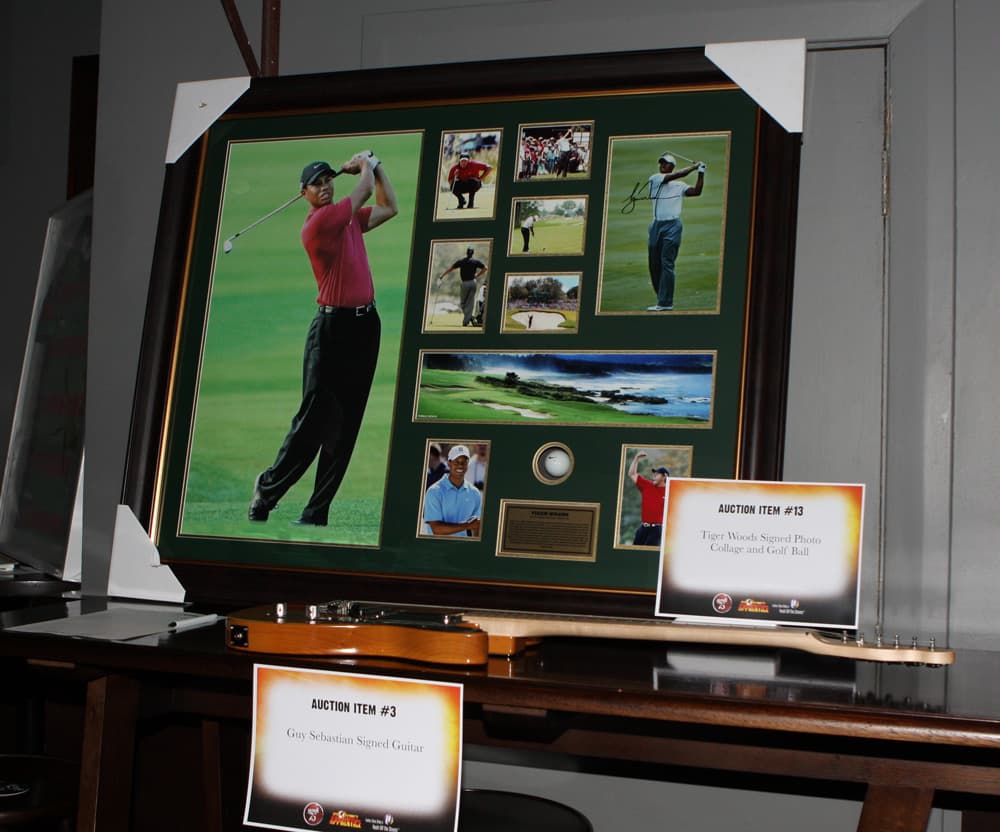 Tiger Woods signed photo collage and golf ball Stephanie Rice Fundraiser for Don Bosco Foundation; CBD Hotel - 18th…