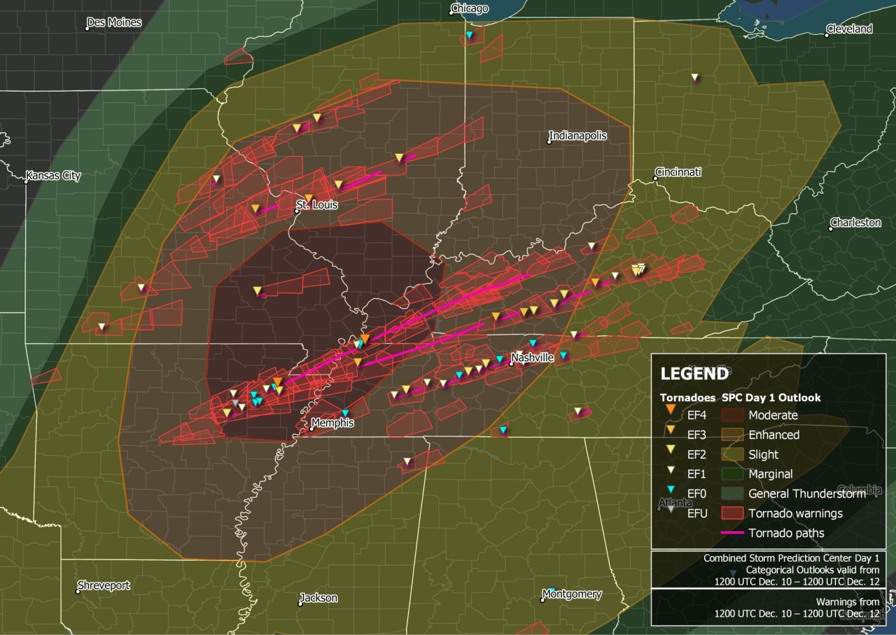 Map of confirmed tornadoes and tornado warnings issued by the National Weather Service from 12 UTC December 10 to 12…