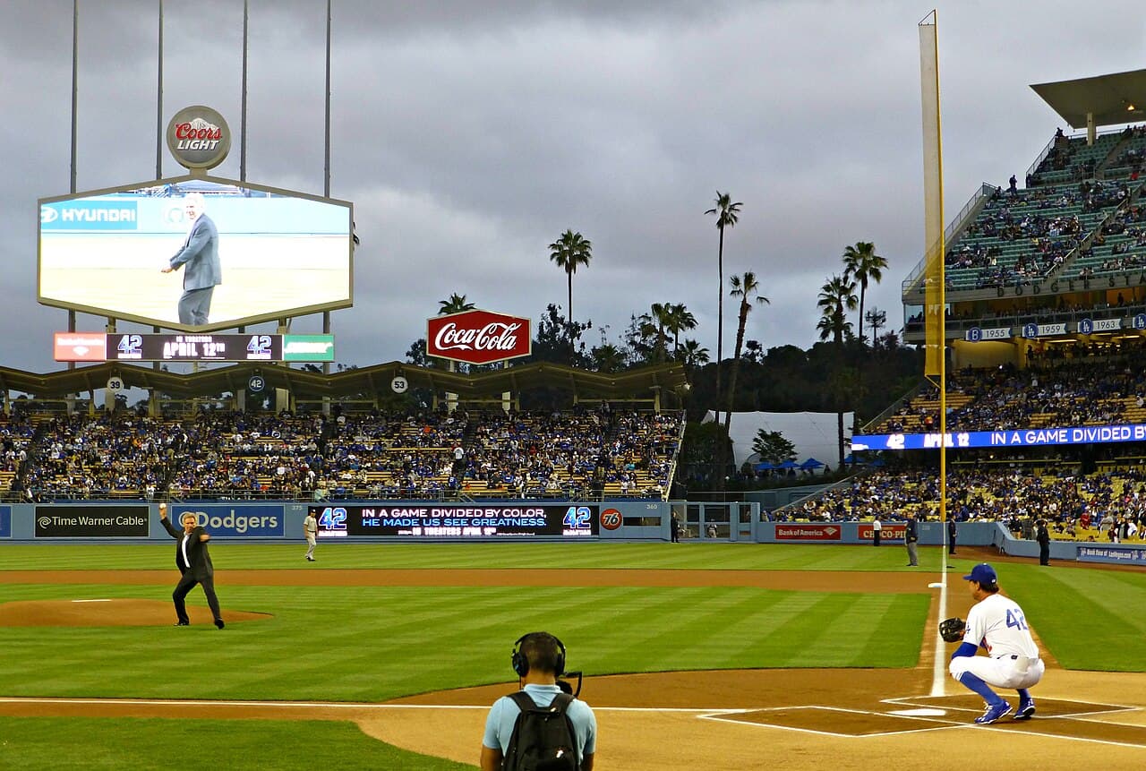 Harrison Ford throws a pitch to Don Mattingly at Dodger Stadium , April 2013