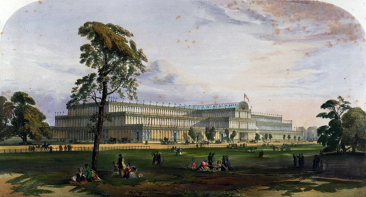 The Crystal Palace from the northeast during the Great Exhibition of 1851.