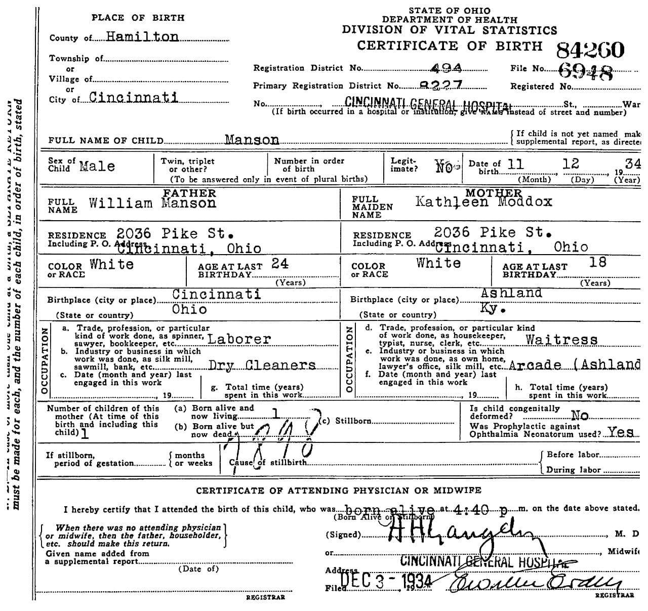 This is a digitally restored and cleaned version of the official birth certificate of Charles Milles Manson (listed on…