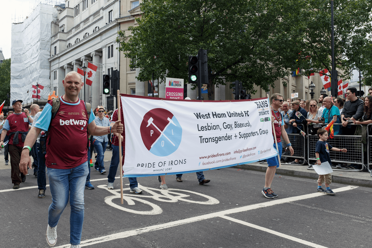 LGBT supporters of West Ham United FC in the parade at Pride in London 2016 under the Pride of Irons banner.