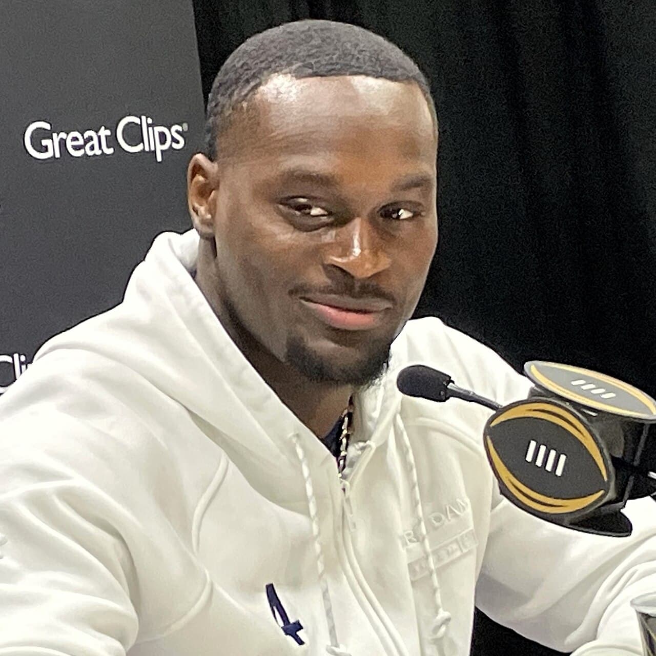 Jeremiyah Love , running back for the Notre Dame Fighting Irish , at the media day press conference in the Georgia…