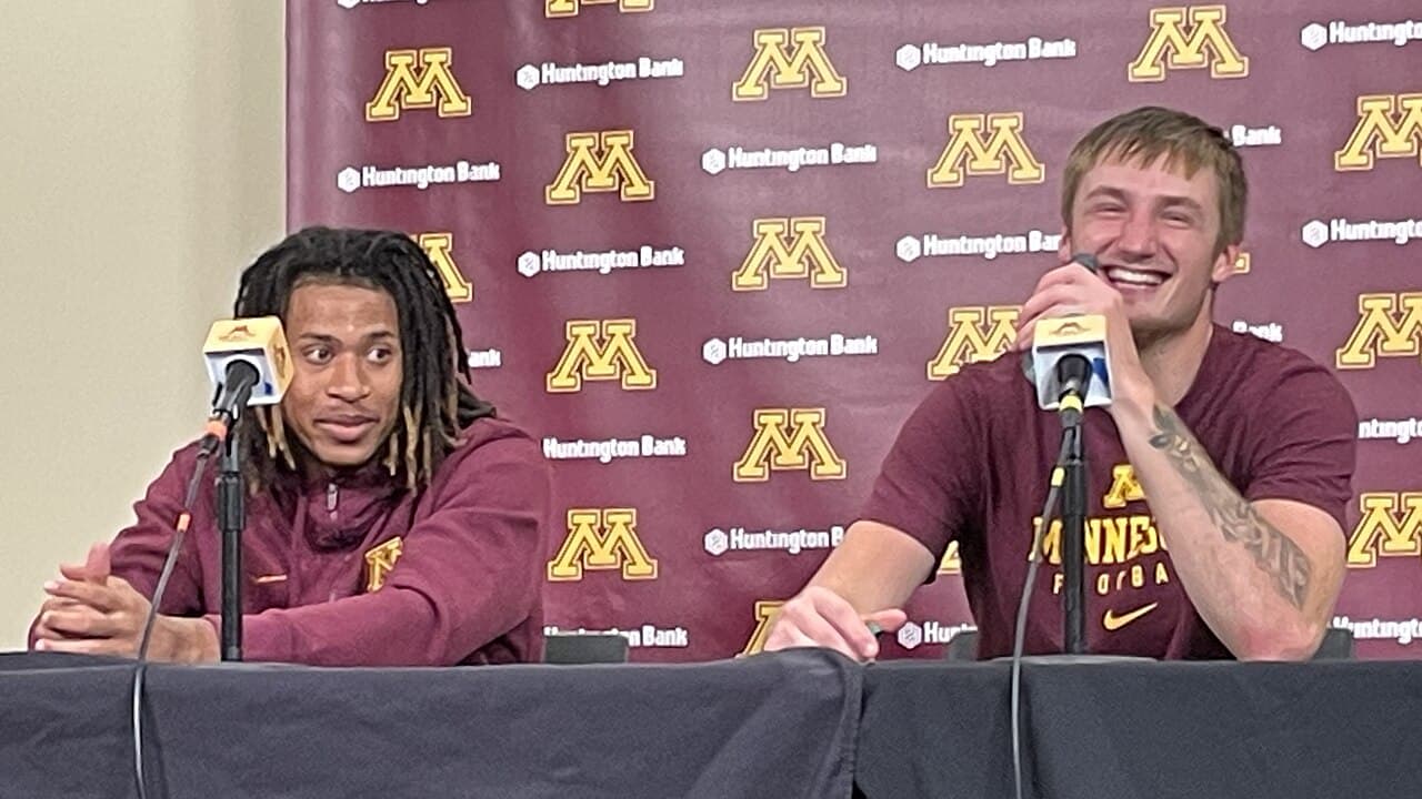 Daniel Jackson and Athan Kaliakmanis , respectively wide receiver and quarterback of the Minnesota Golden Gophers , at…