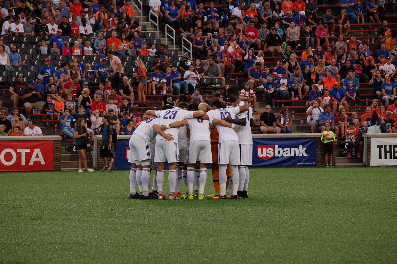 Orlando huddle Taken during USL regular season match between FC Cincinnati and Orlando City B at Nippert Stadium in…