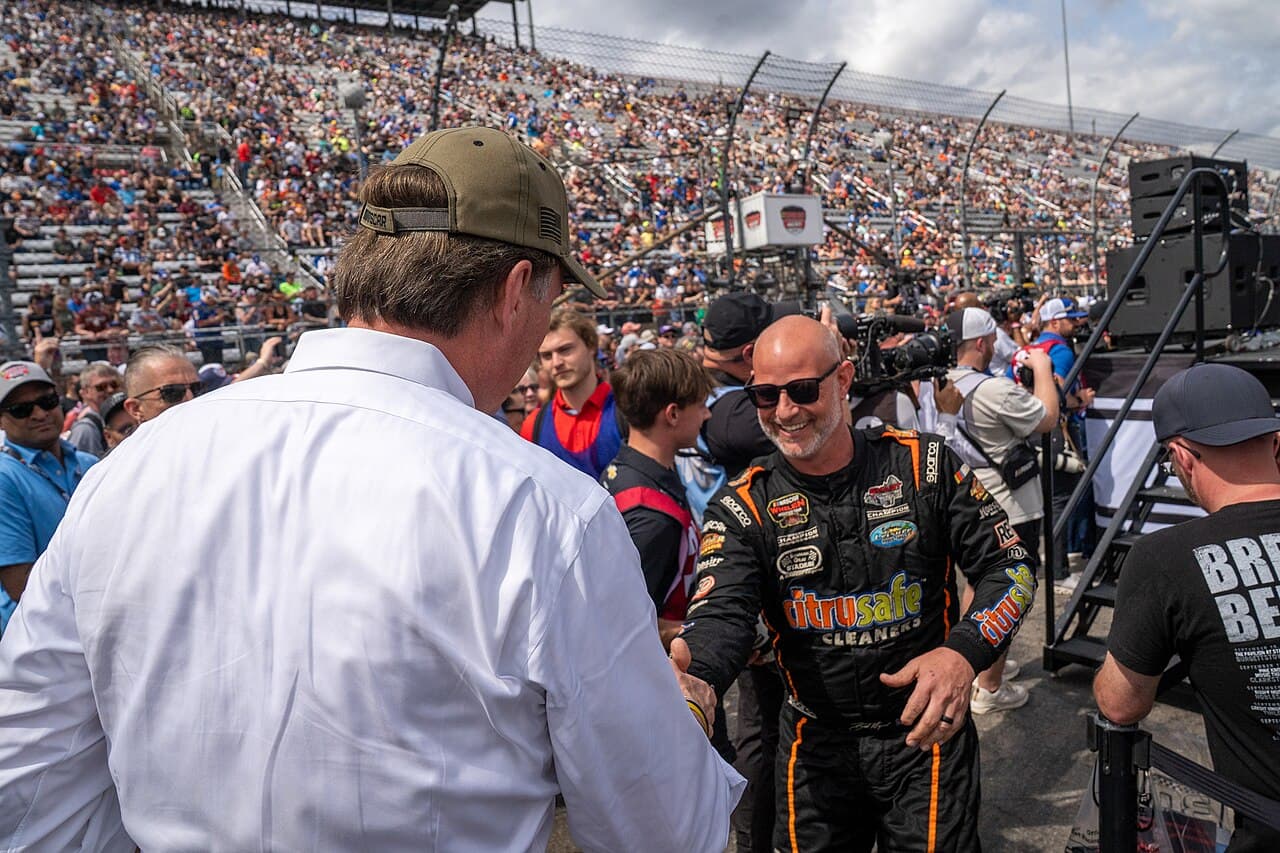 Virginia Governor Glenn Youngkin attends the Cook Out 400 at Martinsville Speedway in 2025.