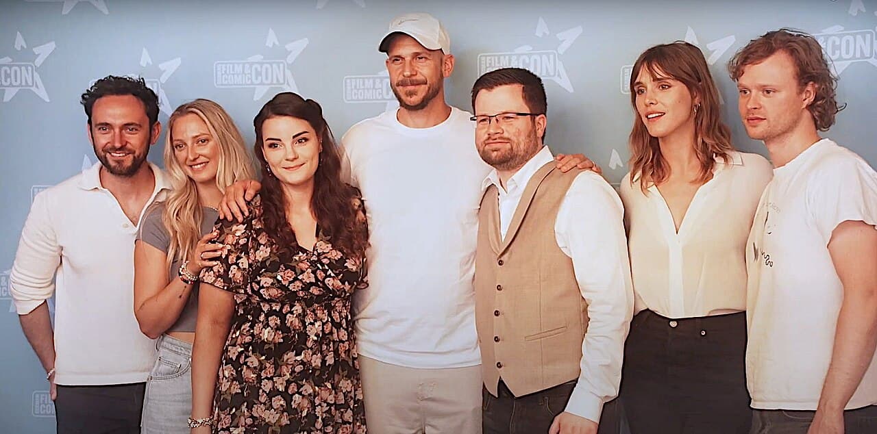 Cast of Vikings - GFCC Babelsberg 2024. Left to right: George Blagden (Athelstan), Georgia Hirst (Torvi), ?, Gustaf…