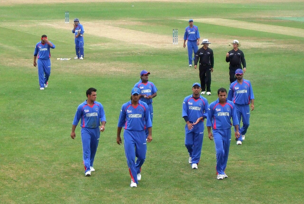 The Afghanistan team walking off the field at the conclusion of the first innings of their World Cricket League…