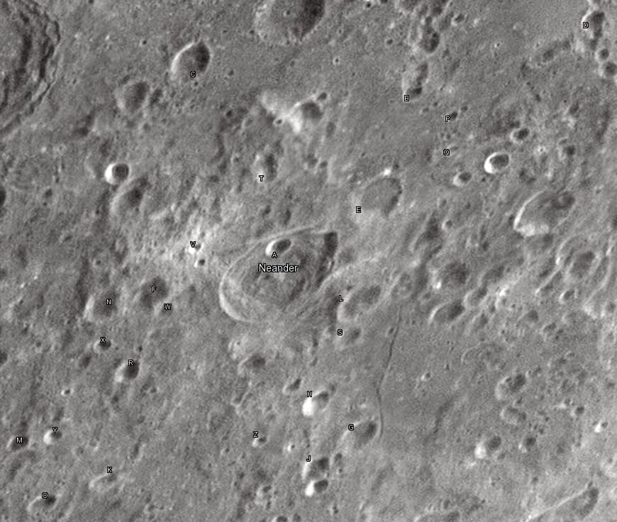 Neander lunar crater as seen from Earth with satellite craters labeled