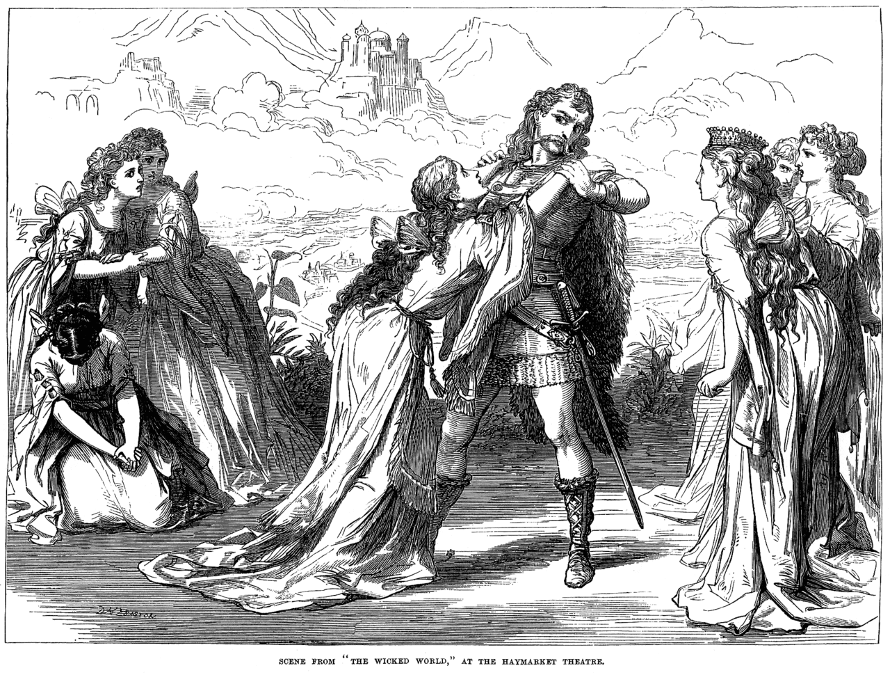 Illustration of The Wicked World , a play by W. S. Gilbert. Illustrator D. H. Friston.