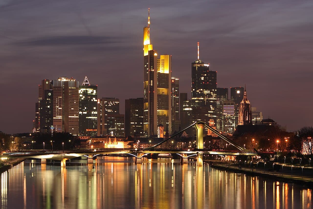 Downtown Frankfurt am Main, Germany; seen from Deutschherrn Bridge.