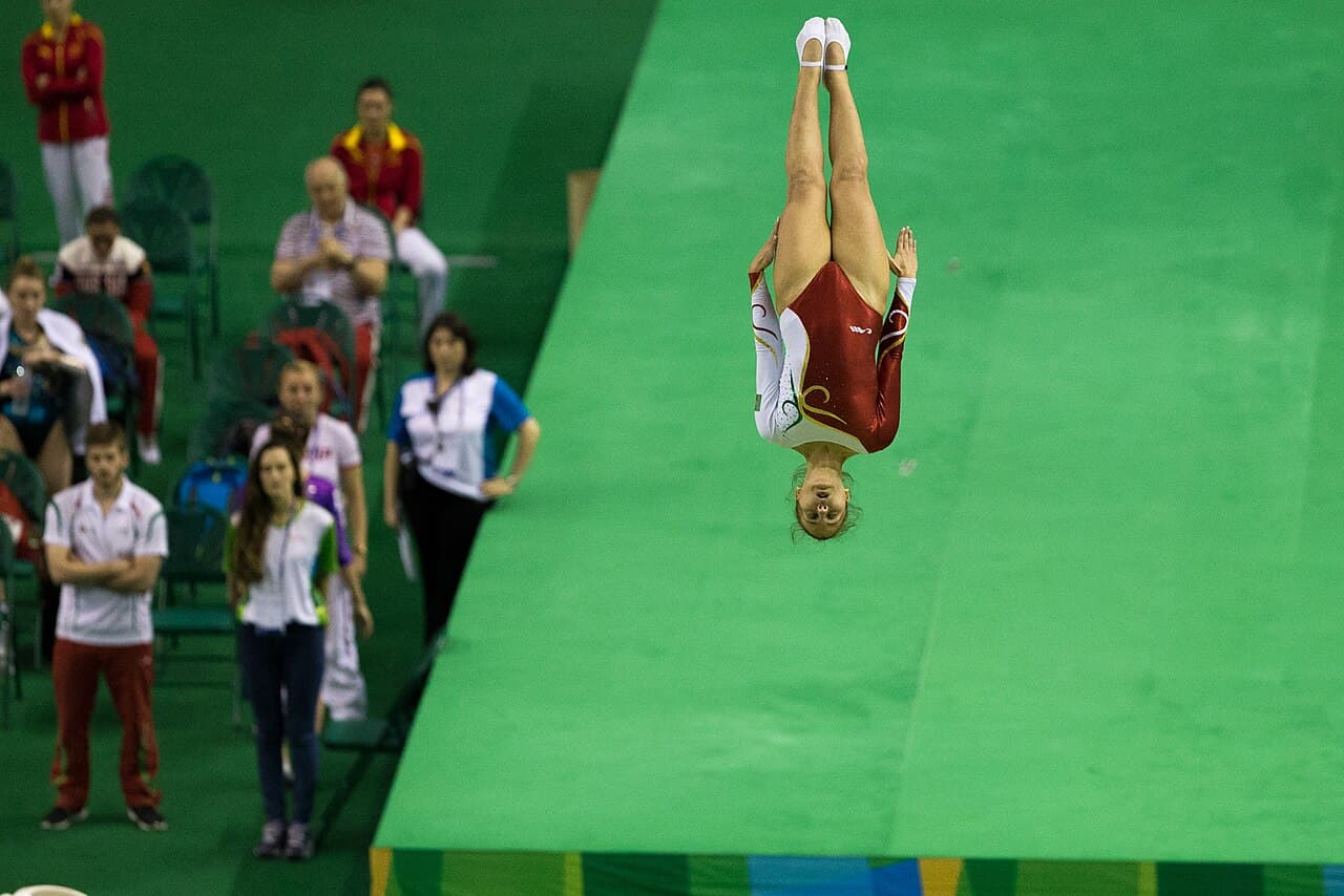 Ana Rente competes at the 2016 trampoline gymnastics Olympic test event.