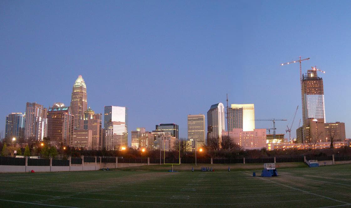 Charlotte skyline from the Carolina Panthers' practice field.