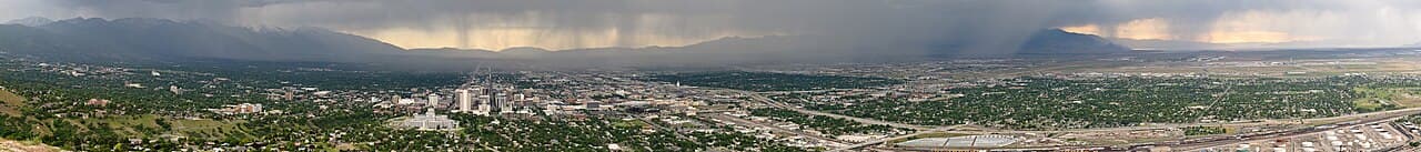 A panoramic view of Salt Lake City, Utah taken June 2009. (View southwesterly, showing en:Antelope Island , right;…