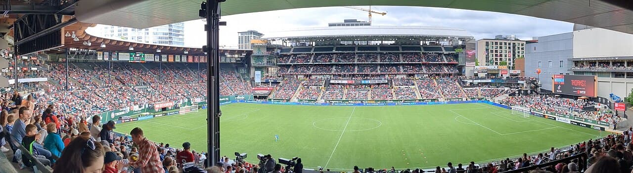 Panoramic view of the Providence Park pitch from the west stands at halftime of the May 21, 2023, Portland Thorns FC…