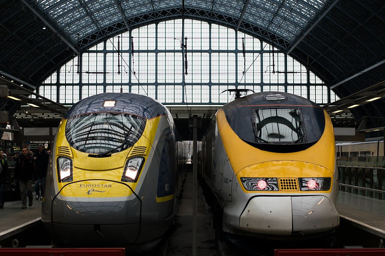 Two Eurostar trains in St Pancras railway station (London, United Kingdom).