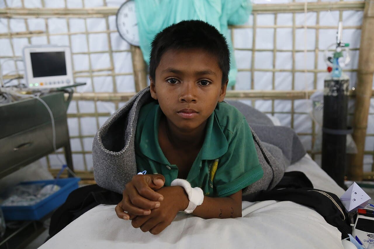 Eight-year-old Saddam, pictured in a clinic in the Kutupalong camp for Rohingya refugees in southern Bangladesh, a day…