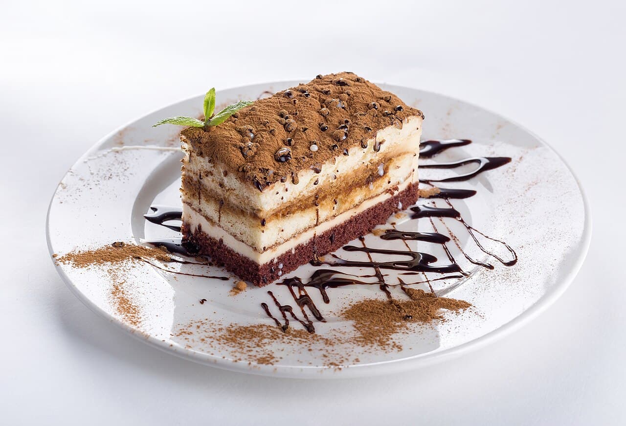 Piece of chocolate cake, sprinkled with cocoa powder , on a white plate decorated with chocolate sauce.