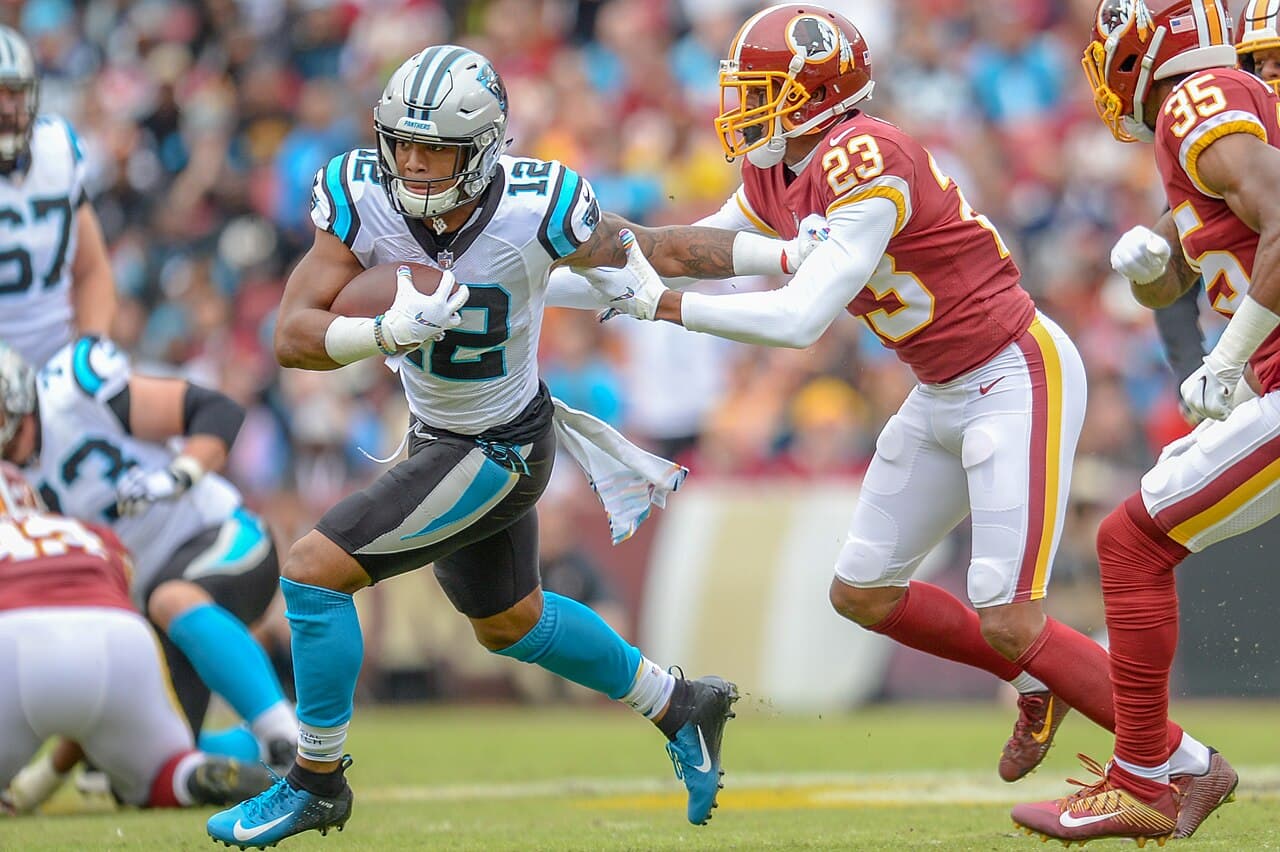 Carolina Panthers wide receiver, D. J. Moore, playing against the Washington Redskins at Fedex Field on October 14 2018.