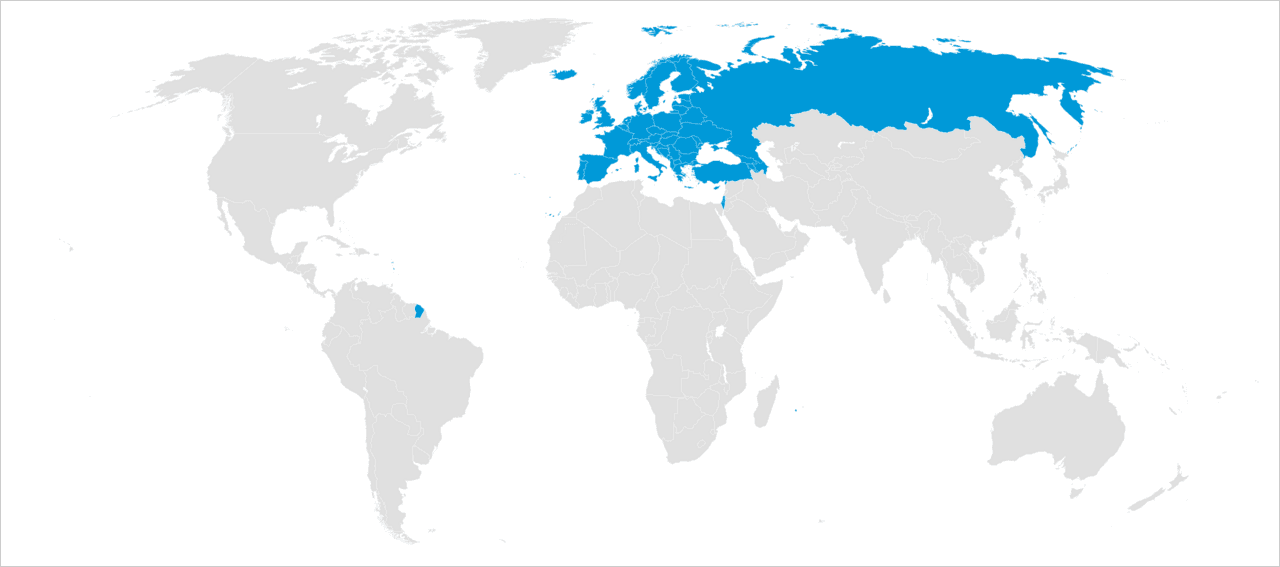 World Athletics member federations, with the European Athletic Association highlighted in blue