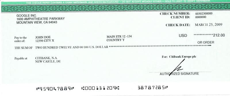 Cheque from Google AdSense