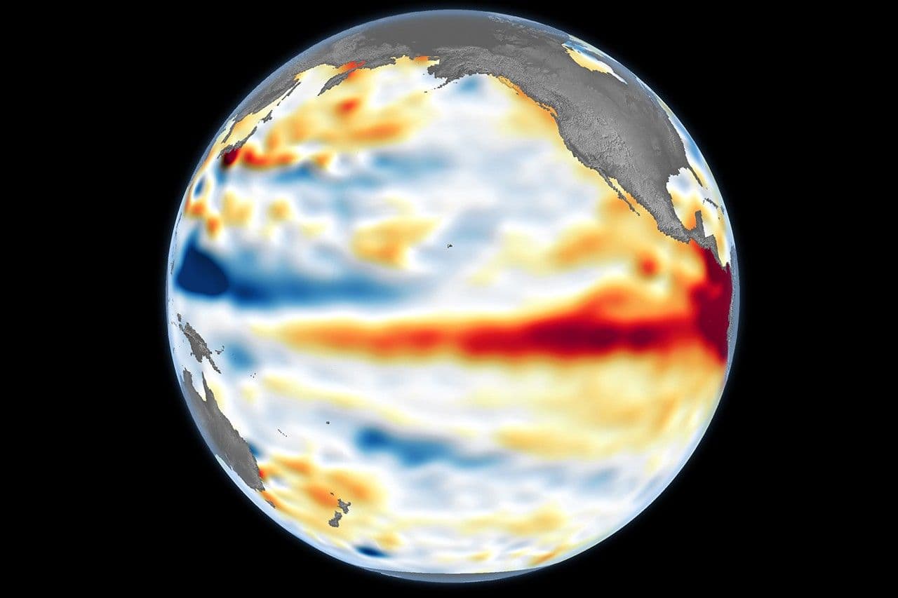 Higher-than-normal sea surfaces (red) are visible in the central and eastern Pacific on June 8, 2026, a few days…