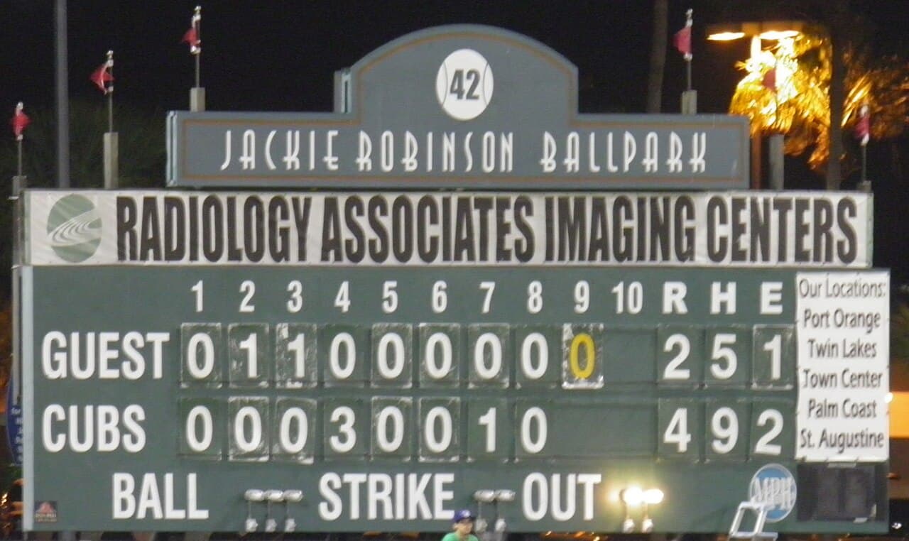 Daytona Cubs vs. Brevard Manatees, at Jackie Robinson Ballpark in Daytona Beach, April 6, 2013. Final score.