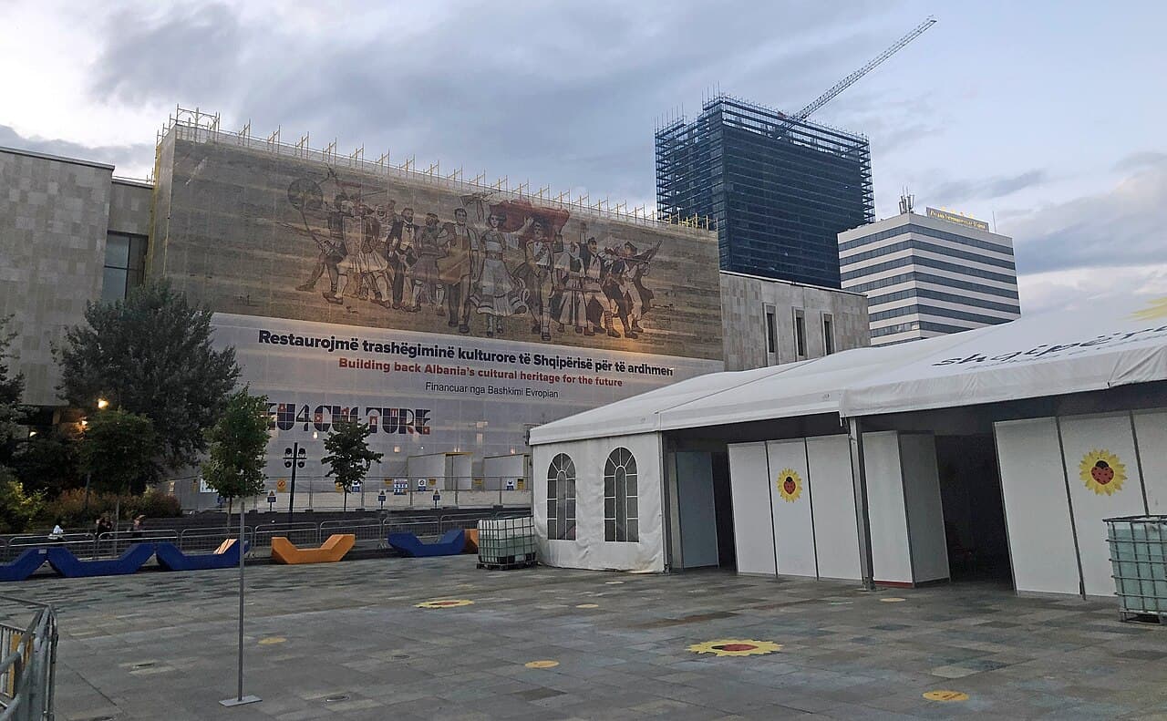 Skanderbeg Square in Tirana during summer 2021: COVID vaccination center, mosaic of the museum in restauration and a…