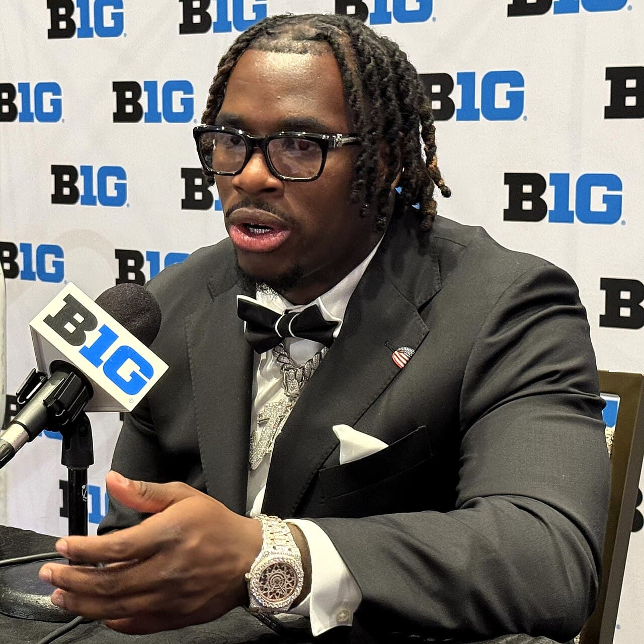Jonah Coleman , running back for the Washington Huskies , at 2025 Big Ten Football Media Days prior to the 2025…
