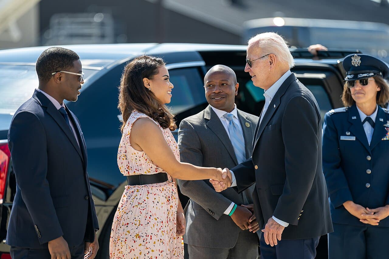 President Joe Biden greets Col. Adria Zuccaro, Milwaukee Mayor Cavalier “Chevy” Johnson and his wife Dominique…