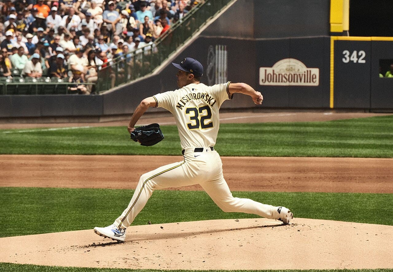 MLB right-handed pitcher Jacob Misiorowski delivering a pitch for the Milwaukee Brewers.