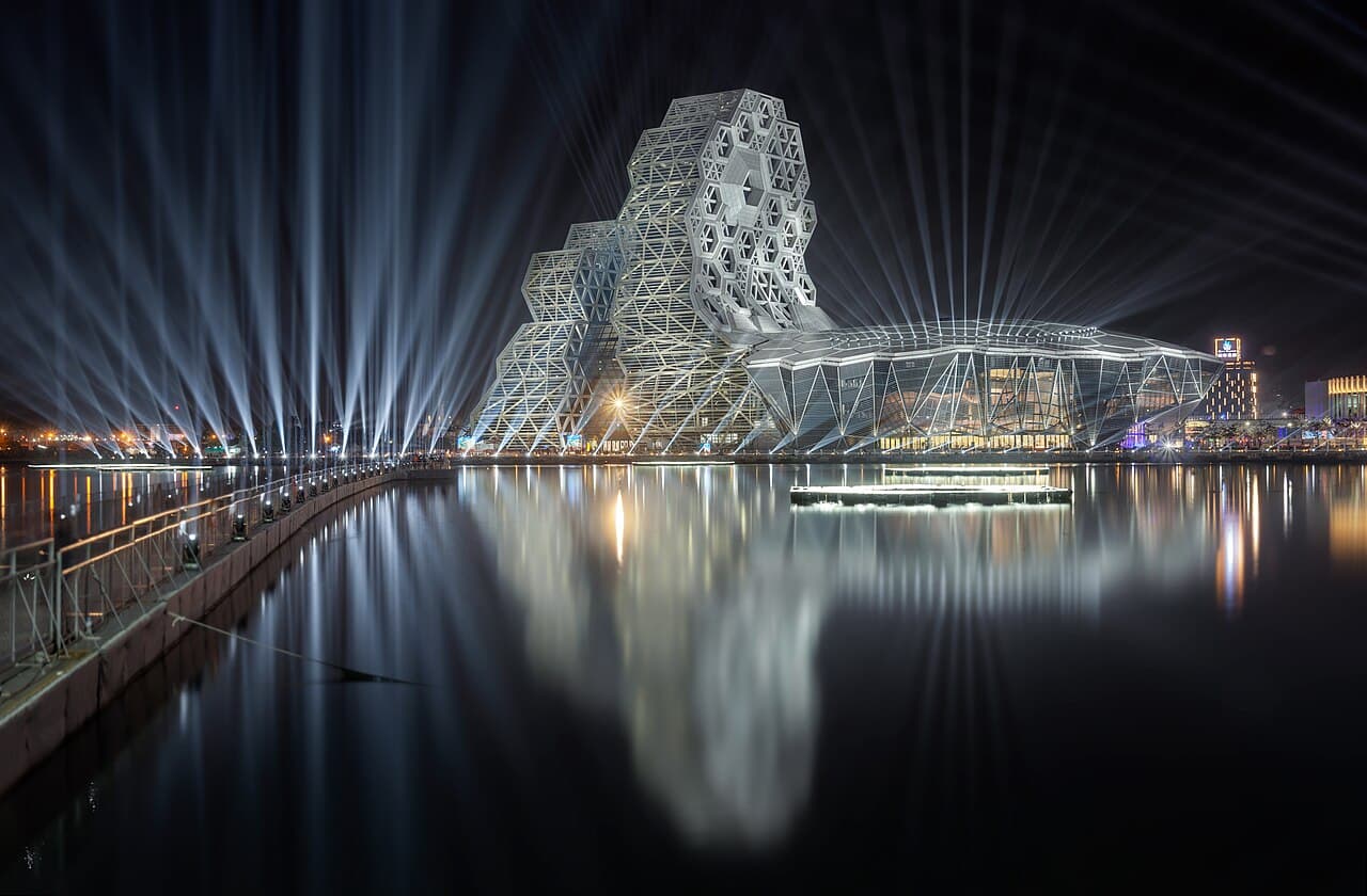 The northeast side of the Kaohsiung Music Center during the 2022 Taiwan Lantern Festival. The temporary floating…
