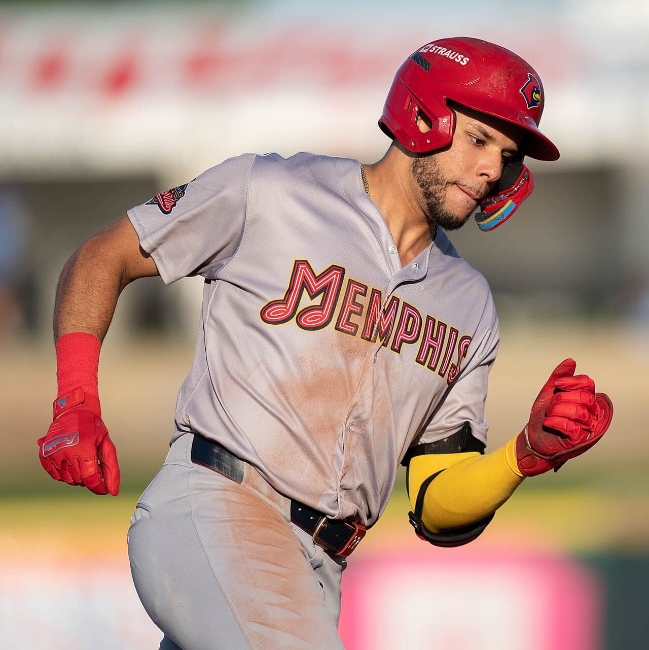 Joshua Baez rounds the bases after hitting a home run for the Memphis Redbirds during a game at Werner Park on May 26,…