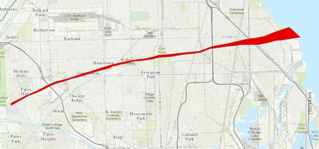 An NWS-produced track of the 1967 Oak Lawn F4 tornado in Chicago, IL.