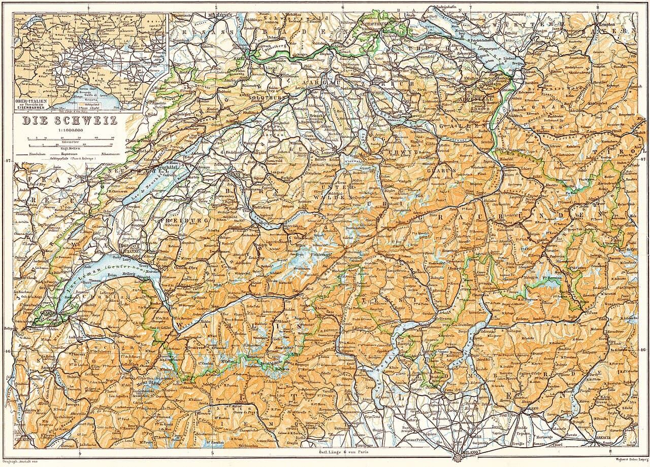 Map of Switzerland, published in a 1913 Baedeker travel guide