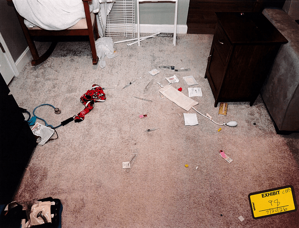 Pajamas, medical equipment and blood are left in the basement of the Clancy home on Jan. 24, 2023 after three children…