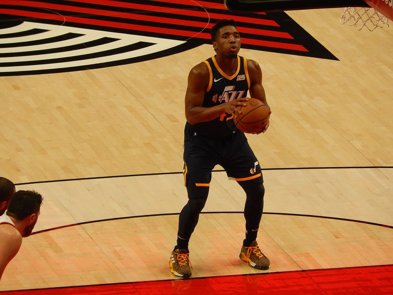 Donovan Mitchell #45 of the Utah Jazz against the Portland Trail Blazers on October 7, 2018 at Moda Center in…